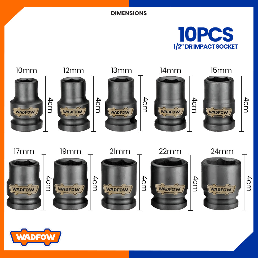 10Pcs 1/2 Industrial Dr. Impact Drive Socket Set Cr-V