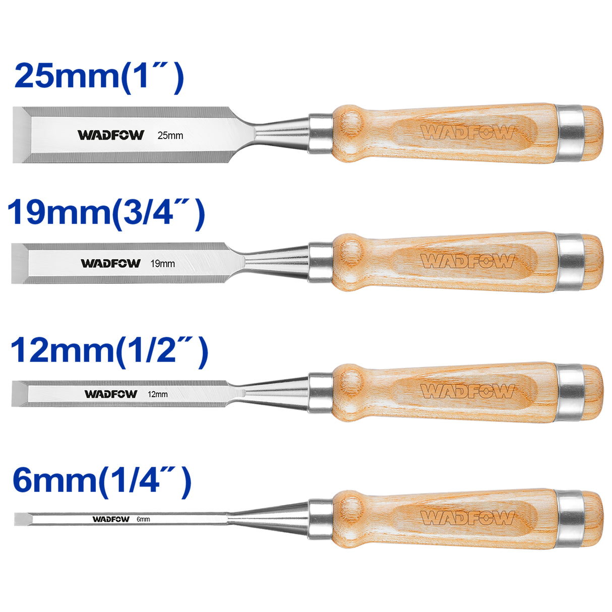 4Pcs Industrial Wooden Handle Wood Carving Hand Chisel Set 6mm/12mm/19mm/25mm WWC3214