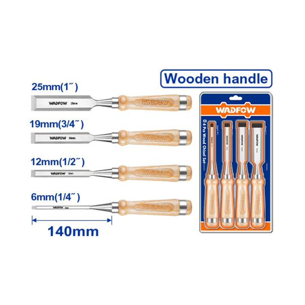 4Pcs Industrial Wooden Handle Wood Carving Hand Chisel Set 6mm/12mm/19mm/25mm WWC3214