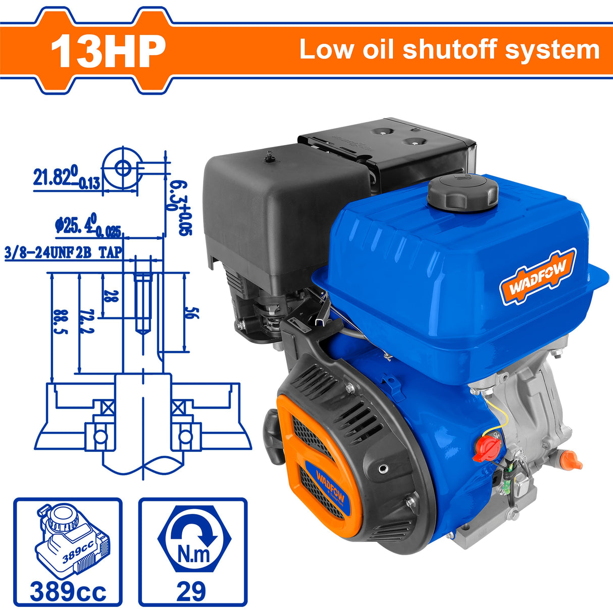 WGNAA188Q Gasoline Engine 13HP Engine Type: 4 Stroke OHV Low Oil Shutoff