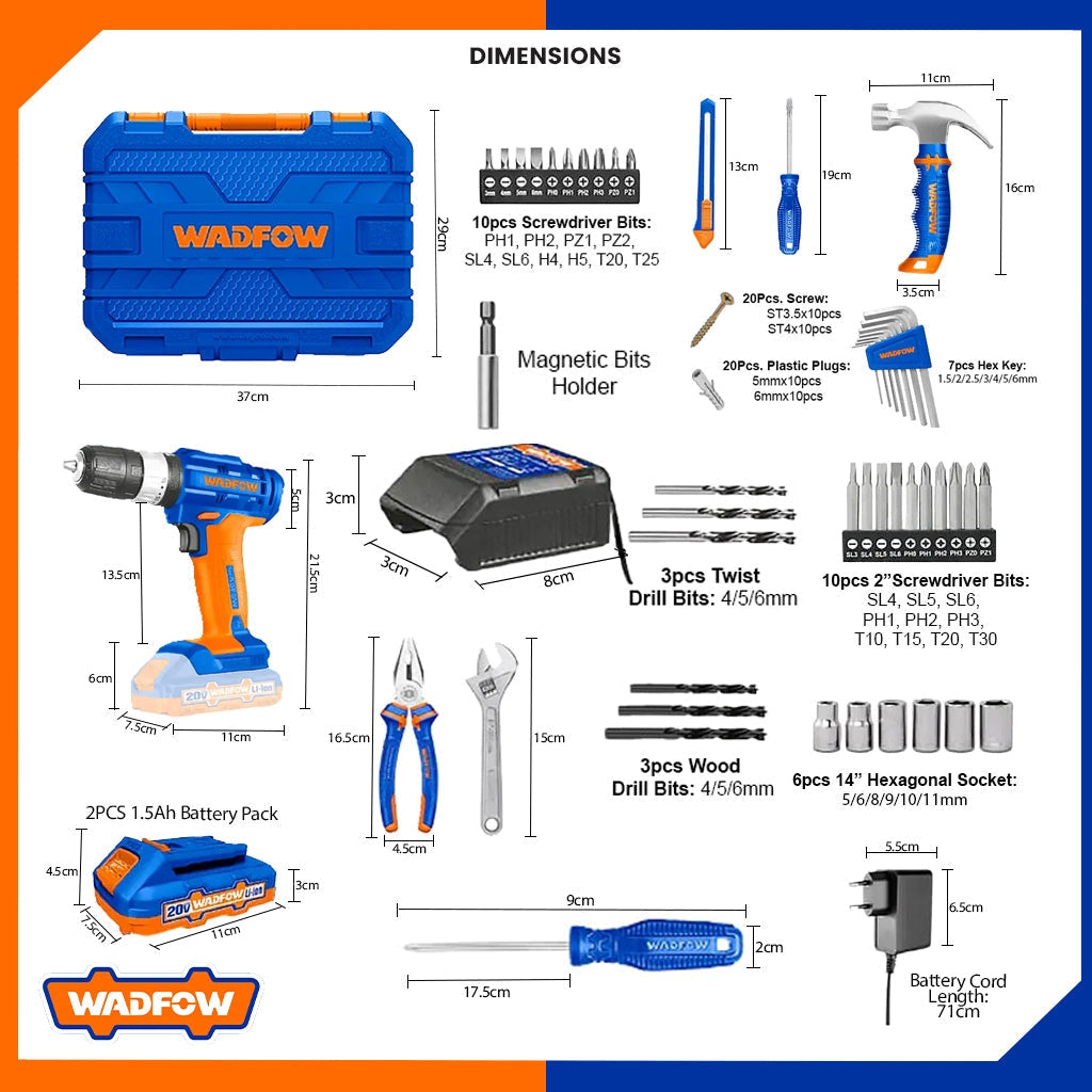 91pcs Tools Set including Lithium-ion Impact Hammer drill 20V